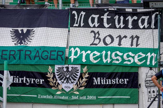 August 15, 2026, xsscx, German 3rd Division, Preußen Münster vs. FC Ingolstadt 04, Matchday 2, LVM Preußenstadion, 2026–2027 Season Banner of Preußen Münster fans in front of the new Fiffi Gerritzen Stand. DFB regulations prohibit any use of photographs as image sequences and or quasi-video. North Rhine-Westphalia, Germany