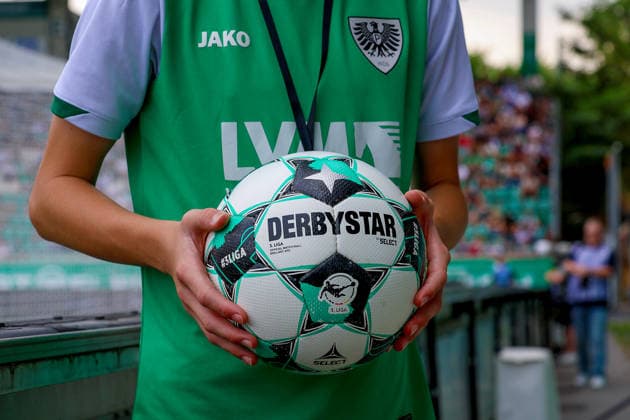 August 15, 2026, xsscx, 3. Liga Soccer, Preußen Münster vs. FC Ingolstadt 04, Matchday 2, LVM Preußenstadion, 2026–2027 Season. The official 3. Liga match ball from Derbystar for the 2026–2027 season. DFB regulations prohibit any use of photographs as image sequences and or quasi-video. North Rhine-Westphalia, Germany