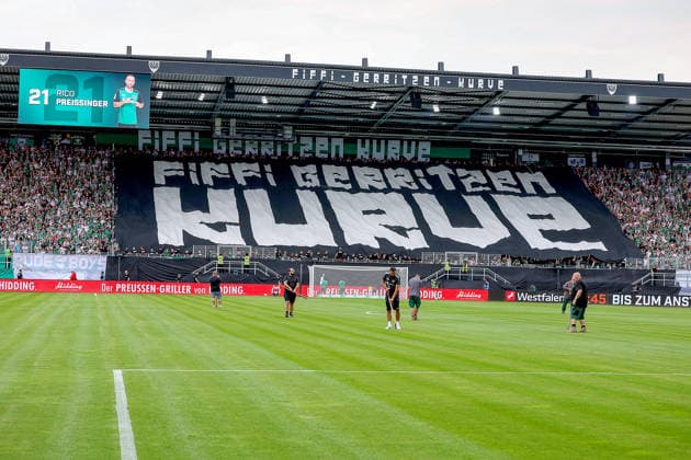 August 15, 2026, xsscx, Soccer 3rd Division, Preußen Münster vs. FC Ingolstadt 04, Matchday 2, LVM Preußenstadion, 2026–2027 Season: Choreography by the fans in the stands—Preußen Münster Ultras—for the inauguration of the new grandstand, the Fiffi Gerritzen Curve. DFB regulations prohibit any use of photographs as image sequences and or quasi-video. North Rhine-Westphalia, Germany