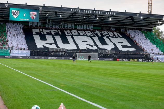 August 15, 2026, xsscx, Soccer 3rd Division, Preußen Münster vs. FC Ingolstadt 04, Matchday 2, LVM Preußenstadion, 2026–2027 Season: Choreography by the fans in the stands—Preußen Münster Ultras—for the inauguration of the new grandstand, the Fiffi Gerritzen Curve. DFB regulations prohibit any use of photographs as image sequences and or quasi-video. North Rhine-Westphalia, Germany