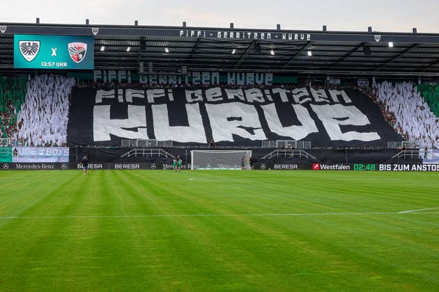 August 15, 2026, xsscx, Soccer 3rd Division, Preußen Münster vs. FC Ingolstadt 04, Matchday 2, LVM Preußenstadion, 2026–2027 Season: Choreography by the fans in the stands—Preußen Münster Ultras—for the inauguration of the new grandstand, the Fiffi Gerritzen Curve. DFB regulations prohibit any use of photographs as image sequences and or quasi-video. North Rhine-Westphalia, Germany
