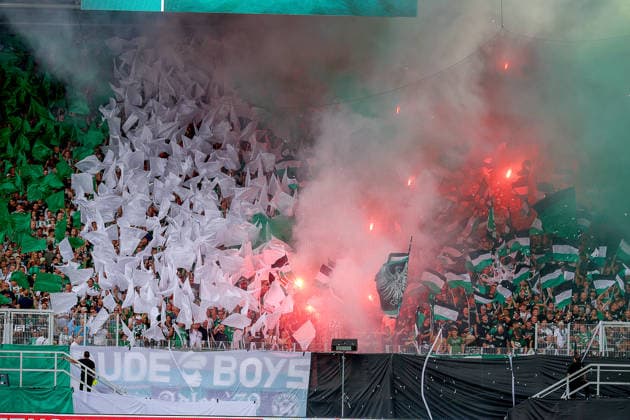 August 15, 2026, xsscx, Soccer 3rd Division, Preußen Münster vs. FC Ingolstadt 04, Matchday 2, LVM Preußenstadion, 2026–2027 Season: Choreography by the fans in the stands—Preußen Münster Ultras—for the inauguration of the new grandstand, the Fiffi Gerritzen Curve. DFB regulations prohibit any use of photographs as image sequences and or quasi-video. North Rhine-Westphalia, Germany