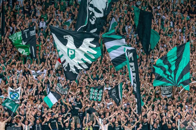 August 15, 2026, xsscx, Soccer 3rd Division, Preußen Münster vs. FC Ingolstadt 04, Matchday 2, LVM Preußenstadion, 2026–2027 Season. Preußen Münster fans cheer on their team. DFB regulations prohibit any use of photographs as image sequences and or quasi-video. North Rhine-Westphalia, Germany