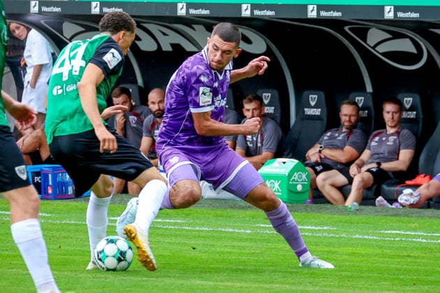 August 15, 2026, xsscx, German 3rd Division, Preußen Münster vs. FC Ingolstadt 04, Matchday 2, LVM Preußenstadion, 2026–2027 Season: Samuel Althaus (SC Preußen Münster 44) in a tackle against Ognjen Drakulic (FC Ingolstadt 30). DFB regulations prohibit any use of photographs as image sequences and or quasi-video. North Rhine-Westphalia, Germany