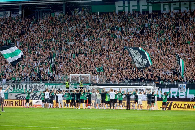 August 15, 2026, xsscx, Soccer 3rd Division, Preußen Münster vs. FC Ingolstadt 04, Matchday 2, LVM Preußenstadion, 2026–2027 Season. Preußen Münster fans celebrate with the team after the game. DFB regulations prohibit any use of photographs as image sequences and or quasi-video. North Rhine-Westphalia, Germany