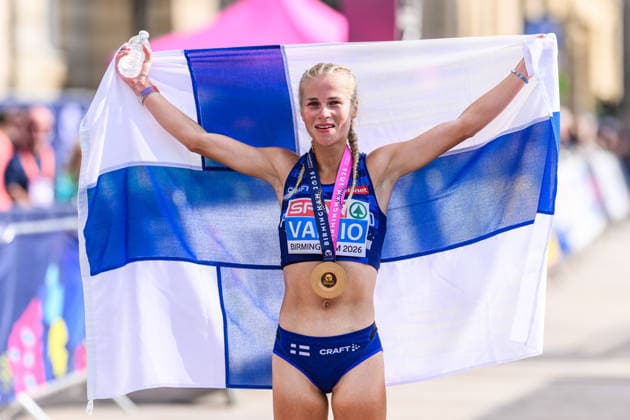 August 16, 2026: Alisa Vainio of Finland celebrates after the women’s marathon on Day 7 of the 2026 European Athletics Championships on August 16, 2026 in Birmingham. Photo by Mathias Bergeld, BILDBYRAN, code MB MT1072. track and field, athletics, friidrett, friidrotts EM, 2026 European Athletics Championships, Day 7, marathon, celebration Copyright: MATHIASxBERGELD BB260816MB054