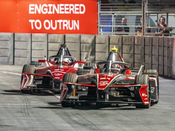 Nyck de Vries driving for MAHINDRA RACING Formula E Team leads colleague Nick Cassidy during race one at the London E-Prix at the ExCel Centre, London Docklands, UK on 15 August 2026. Copyright: xPhilxHutchinsonx 45350122