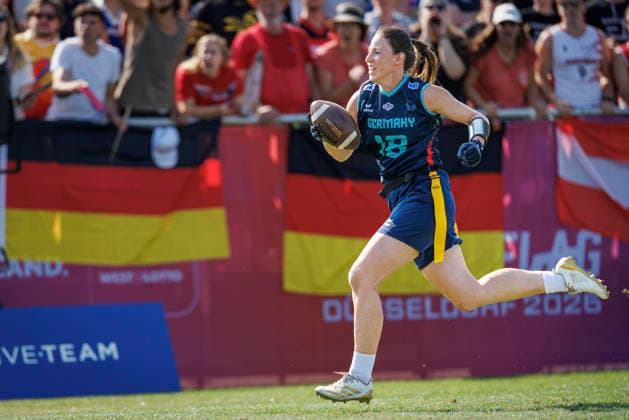 Placement Game for 1st–8th Place Bracket: Austria (AUT) vs. Germany (GER), Day 4, Women’s Division at the IFAF Flag Football World Championships in Düsseldorf 2026, August 16, 2026, Düsseldorf, Germany, Aug. 16, 2026 Nora Cermak (GER 18) during the placement game for the 1st–8th place bracket between Austria (AUT) and Germany (GER) on the fourth day of the Women’s IFAF Flag Football World Championships at the Bezirkssportanlage Düsseldorf-Garath Copyright: xBEAUTIFULxSPORTS B.Hoffmannx