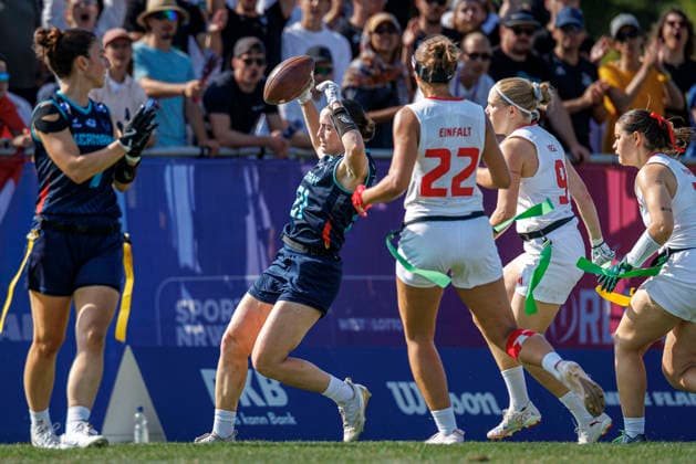 Placement Game for 1st–8th Place Bracket: Austria (AUT) vs. Germany (GER), Day 4, Women’s Division at the IFAF Flag Football World Championships in Düsseldorf 2026, August 16, 2026, Düsseldorf, Germany, Aug. 16, 2026 Ellen Marie Riess (GER 21) during the placement game for 1st–8th place in the bracket between Austria (AUT) and Germany (GER) on the fourth day of the Women’s IFAF Flag Football World Championships at the Bezirkssportanlage Düsseldorf-Garath Copyright: xBEAUTIFULxSPORTS B.Hoffmannx