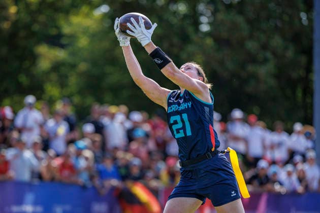 Placement Game for 1st–8th Place Bracket: Austria (AUT) vs. Germany (GER), Day 4, Women’s Division at the IFAF Flag Football World Championships in Düsseldorf 2026, August 16, 2026, Düsseldorf, Germany, Aug. 16, 2026 Ellen Marie Riess (GER 21) during the placement game for 1st–8th place in the bracket between Austria (AUT) and Germany (GER) on the fourth day of the Women’s IFAF Flag Football World Championships at the Bezirkssportanlage Düsseldorf-Garath Copyright: xBEAUTIFULxSPORTS B.Hoffmannx