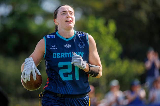 Placement Game for 1st–8th Place Bracket: Austria (AUT) vs. Germany (GER), Day 4, Women’s Division at the IFAF Flag Football World Championships in Düsseldorf 2026, August 16, 2026, Düsseldorf, Germany, Aug. 16, 2026 Ellen Marie Riess (GER 21) during the placement game for 1st–8th place in the bracket between Austria (AUT) and Germany (GER) on the fourth day of the Women’s IFAF Flag Football World Championships at the Bezirkssportanlage Düsseldorf-Garath Copyright: xBEAUTIFULxSPORTS B.Hoffmannx