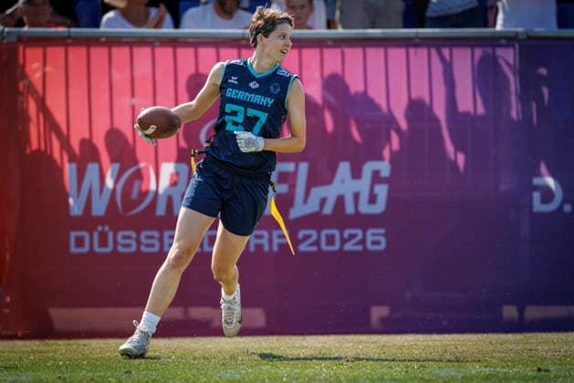 Placement Game for 1st–8th Place Bracket: Austria (AUT) vs. Germany (GER), Day 4, Women’s Division at the IFAF Flag Football World Championships in Düsseldorf 2026, August 16, 2026, Düsseldorf, Germany, Aug. 16, 2026 Dora Jasmin Jung (GER 27) during the placement game for 1st–8th place in the bracket match between Austria (AUT) and Germany (GER) on the fourth day of the Women’s IFAF Flag Football World Championships at the Bezirkssportanlage Düsseldorf-Garath Copyright: xBEAUTIFULxSPORTS B.Hoffmannx