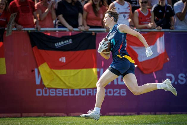 Placement Game for 1st–8th Place Bracket: Austria (AUT) vs. Germany (GER), Day 4, Women’s Division at the IFAF Flag Football World Championships in Düsseldorf 2026, August 16, 2026, Düsseldorf, Germany, Aug. 16, 2026 Dora Jasmin Jung (GER 27) during the placement game for 1st–8th place in the bracket match between Austria (AUT) and Germany (GER) on the fourth day of the Women’s IFAF Flag Football World Championships at the Bezirkssportanlage Düsseldorf-Garath Copyright: xBEAUTIFULxSPORTS B.Hoffmannx
