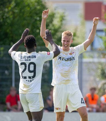 Soccer, Men s, 2026–2027 Season, Friendly match in Salzburg, 1. FC Union Berlin vs. Aris Limassol FC, from left: Emmanuel Latte Lath (1. FC Union Berlin), Zeno van den Bosch (1. FC Union Berlin), celebrating after the 2–1 goal, August 9, 2026, Copyright: xMatthiasxKochx