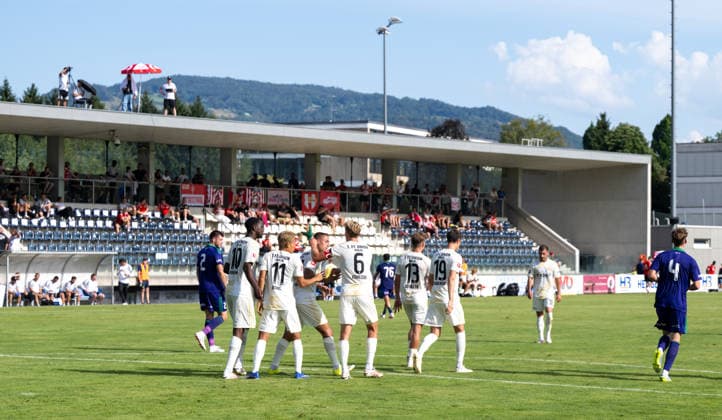 Soccer, Men s, 2026–2027 Season, Friendly Match in Salzburg, 1. FC Union Berlin vs. Aris Limassol FC, from left: Ilyas Ansah (1. FC Union), Woo Yeong Jeong (Wooyeong), 1 FC Union Berlin, Marin Ljubicic (1 FC Union Berlin), Aljoscha Kemlein (1 FC Union Berlin), Andras Schäfer (1 FC Union), Janik Haberer (1 FC Union Berlin), celebration after the goal to make it 3–2, August 9, 2026, Copyright: xMatthiasxKochx