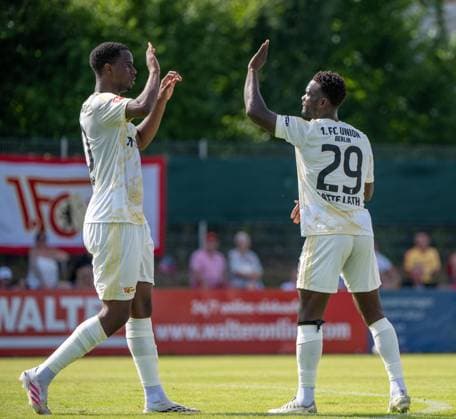 Soccer, Men s, 2026–2027 Season, Friendly match in Salzburg, 3 x 45 minutes, 1. FC Union Berlin 3, Aris Limassol FC 2; from left: Ilyas Ansah (1. FC Union), Emmanuel Latte Lath (1. FC Union Berlin); celebration after the 1-1 goal, August 9, 2026, Copyright: xMatthiasxKochx