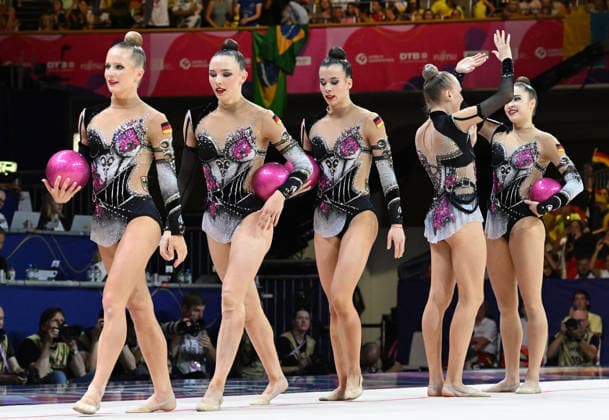 August 16, 2026, xhbx, 2026 Rhythmic Gymnastics World Championships, from left: Team, Group, Germany consists of Alisa Datsenko, Anja Kosan, Alina Ott, Helena Ripken, Anna Maria Shatokhin; 5-ball routine, Frankfurt am Main