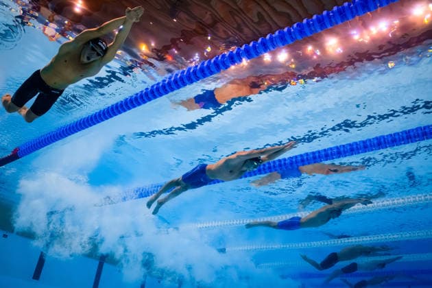 August 16, 2026: Alessandro Ragaini of Italy, Grigorii Vekovishchev of Neutral Athletes B (Russia), and Lucas Henveaux of Belgium compete in the men’s 400-meter freestyle swimming heats during Day 17 of the 2026 European Aquatics Championships on August 16, 2026 in Saint Denis. Photo by Joel Marklund. BILDBYRAN code JM JM0845 bbeng swimming 2026 European Aquatics Championships EM Russia  Copyright: JOELxMARKLUND BB260816JM083
