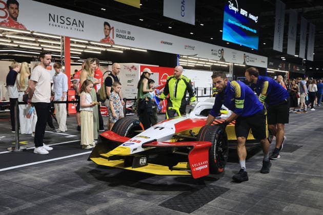 Mechanics push the Lola Yamaha, which came to a stop due to technical problems after retiring from the race, through the pit lane; FIA Formula E World Championship, Season 12, London E-Prix, August 16, 2026, Excel Exhibition Center, Free Practice 3
