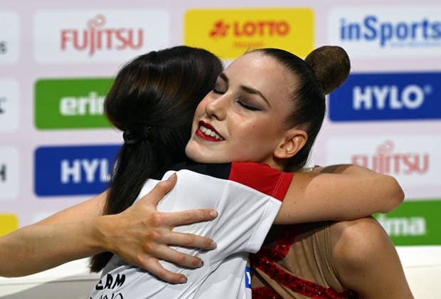 August 16, 2026, xhbx, 2026 Rhythmic Gymnastics World Championships, from left: Coach Julija Raskina, Darja Varfolomeev, Frankfurt am Main, Germany