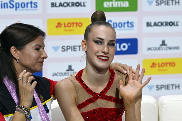 August 16, 2026, xhbx, 2026 Rhythmic Gymnastics World Championships, from left: Coach Julija Raskina, Darja Varfolomeev, Frankfurt am Main, Germany