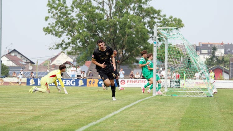 August 16, 2026, xrekx, Soccer Friendly Match, SV Auersmacher vs. SV Elversberg, Luca Pfeiffer (SV Elversberg) scores the goal, goal, scores the goal to make it 0–1 DFL DFB REGULATIONS PROHIBIT ANY USE OF PHOTOGRAPHS as IMAGE SEQUENCES and or QUASI-VIDEO Auersmacher