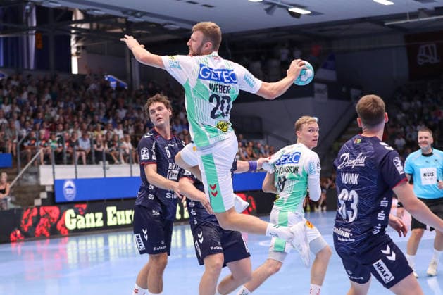 August 16, 2026, xgox, Handball Wartburg Cup: SC Magdeburg vs. SG Flensburg Handewitt, emspor; from left: Philipp Weber (Magdeburg), 20 shots on goal, goal scorer, scores the goal, Eisenach