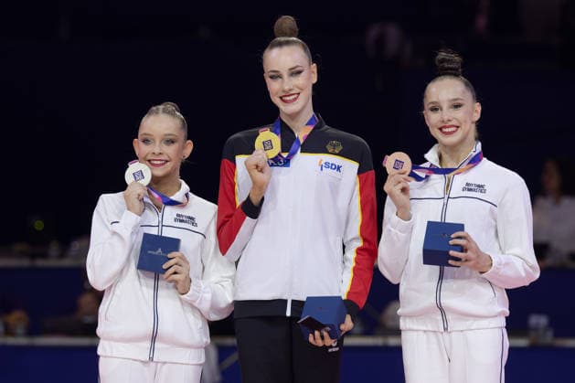 World Rhythmic Gymnastics Championships Awards Ceremony Ball From left: Sofia Ilteriakova (World Gymnastics), Darja Varfolomeev (Germany), and Mariia Borisova (World Gymnastics). Rhythmic Gymnastics World Championships, August 11–16 at the Festhalle in Frankfurt am Main. Individual finals, Frankfurt am Main, Hesse, Germany, Festhalle