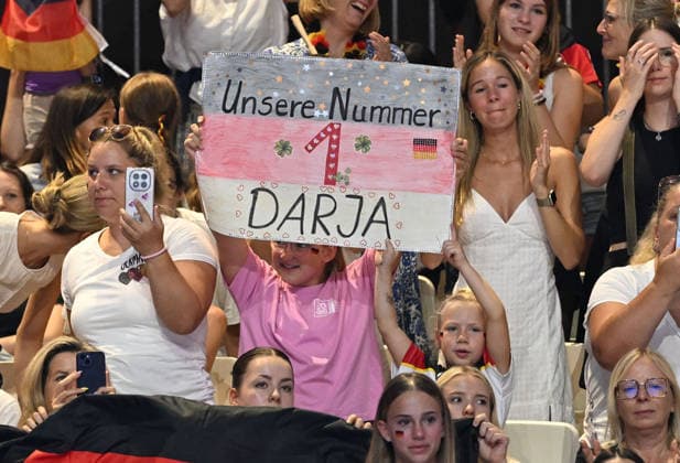 August 16, 2026, xhbx, 2026 Rhythmic Gymnastics World Championships, from left: Fan poster for Darja Varfolomeev, Germany, Frankfurt am Main