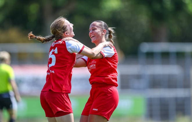 GER, Worms, Wormatia Worms vs. SV Eutingen, DFB, DFB Women s Cup, Soccer, 2026–2027 Season, EWR Arena, Playoffs in Pictures: Jana Rinderknecht of SV Eutingen 16 scores the goal, celebration and joy, emotions in the DFB Cup playoffs, featuring Tia Luz (SV Eutingen, No. 11). DFB and DFL regulations prohibit any use of photographs as image sequences and or quasi-video. August 16, 2026 Copyright: HMBxMedia HendrikxHamelau