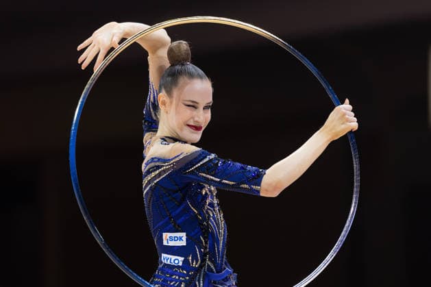 World Rhythmic Gymnastics Championships: Darja Varfolomeev of Germany during her hoop routine. World Rhythmic Gymnastics Championships, August 11–16, at the Festhalle in Frankfurt am Main. Individual Finals, Frankfurt am Main, Hesse, Germany, Festhalle