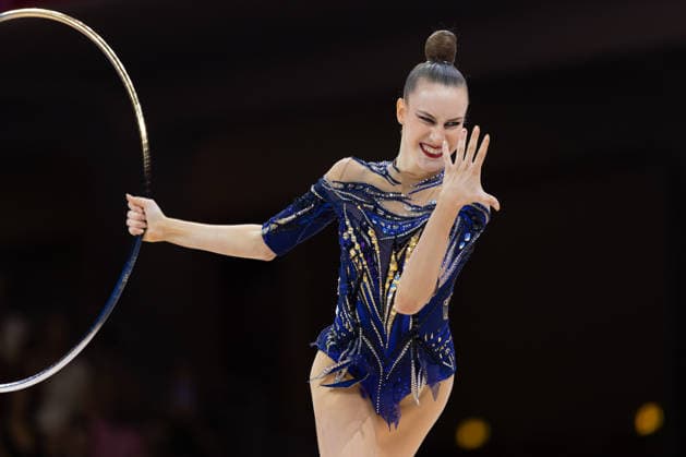World Rhythmic Gymnastics Championships: Darja Varfolomeev of Germany during her hoop routine. World Rhythmic Gymnastics Championships, August 11–16, at the Festhalle in Frankfurt am Main. Individual Finals, Frankfurt am Main, Hesse, Germany, Festhalle