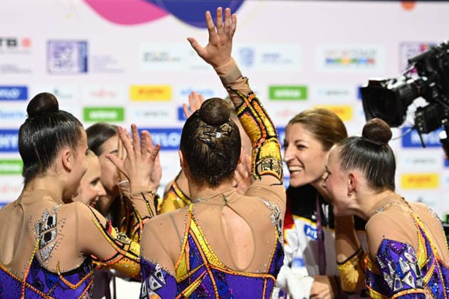 August 16, 2026, xhbx, 2026 Rhythmic Gymnastics World Championships, v l Team, Group, Germany consists of Alisa Datsenko, Anja Kosan, Alina Ott, Helena Ripken, Anna Maria Shatokhin, and group coach Camilla Pfeffer; 3 hoops, 2 clubs routine; Frankfurt am Main