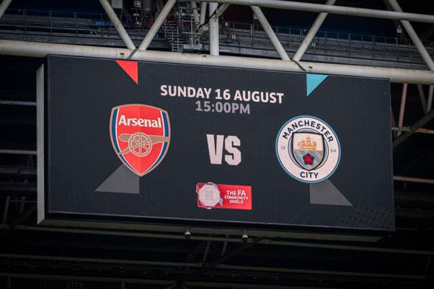 RECORD DATE NOT STATED 16th August 2026; Millennium Stadium, Cardiff, Wales; Community Shield Football, Arsenal versus Manchester City; The stadium screen showing the match details GodfreyxPitt