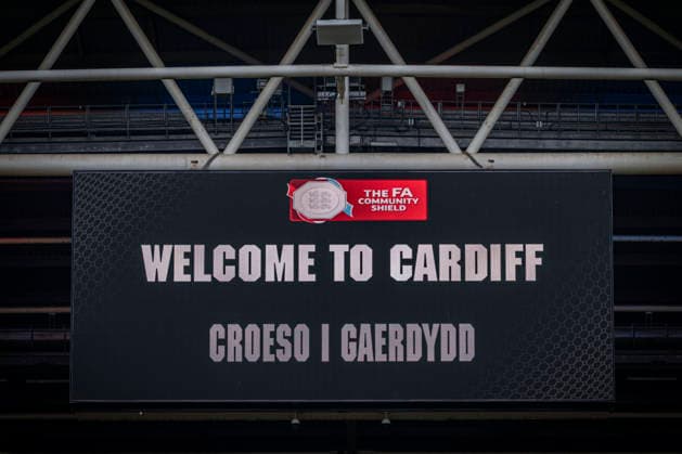 RECORD DATE NOT STATED 16th August 2026; Millennium Stadium, Cardiff, Wales; Community Shield Football, Arsenal versus Manchester City; The stadium screen welcoming the fans in English and Welsh GodfreyxPitt