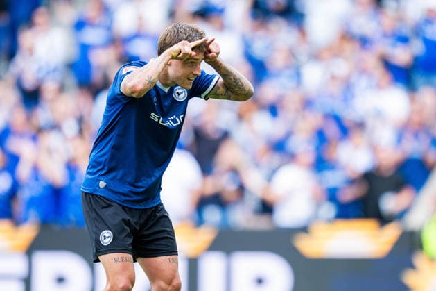 August 16, 2026 Soccer, 2026–2027, 2. Bundesliga, Matchday 2, DSC Arminia Bielefeld vs. FC Energie Cottbus, Joel Grodowski, Bielefeld celebrates after his goal to make it 3–0. DFL regulations prohibit any use of photographs as image sequences and or quasi-video.