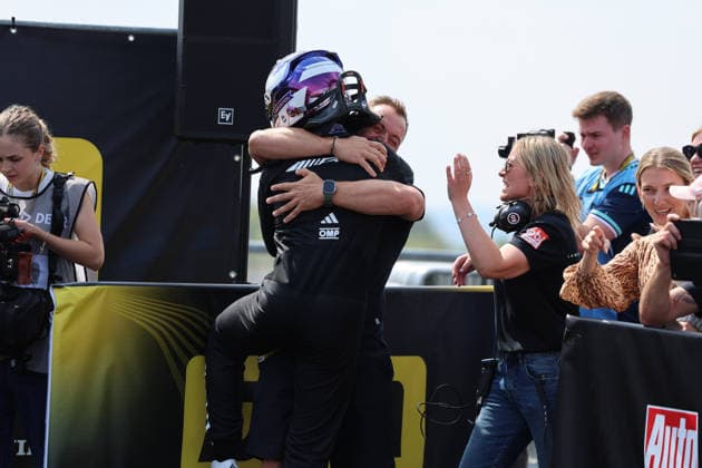 Nürburg, Germany, August 15–16, 2026; 2026 DTM Nürburgring Race 2, Sunday; Pictured: Tom Kalender (GER 84) celebrates with his family after finishing second in the Parc Ferme at the Nürburgring, Rhineland-Palatinate Copyright: xFotostandx xFWMEDIAx