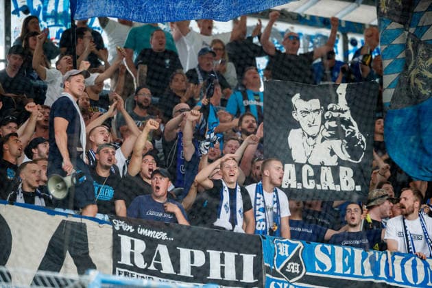 Goal celebration by Mannheim fans (GER), FC Hansa Rostock vs. SV Waldhof Mannheim, Soccer, Men s, 3rd Division, Matchday 2, 2026–2027 Season, August 16, 2026, Rostock Ostseestadion, Mecklenburg-Western Pomerania, Germany