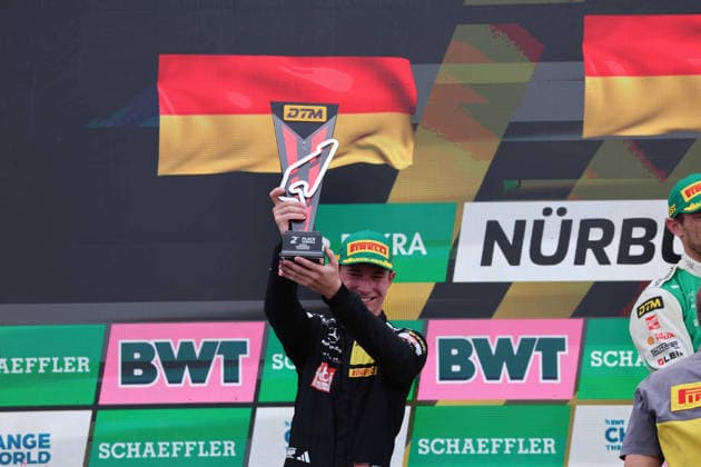 Nürburg, Germany, August 15–16, 2026; 2026 DTM Nürburgring Race 2, Sunday; Pictured: Tom Kalender (GER 84) celebrates with the trophy on the podium at the Nürburgring, Rhineland-Palatinate Copyright: xFotostandx xFWMEDIAx