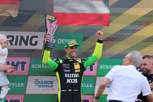 Nürburg, Germany, August 15–16, 2026; 2026 DTM Nürburgring Race 2, Sunday; Pictured: Thomas Preining (GER, 91) celebrates with the trophy on the podium at the Nürburgring, Rhineland-Palatinate Copyright: xFotostandx xFWMEDIAx