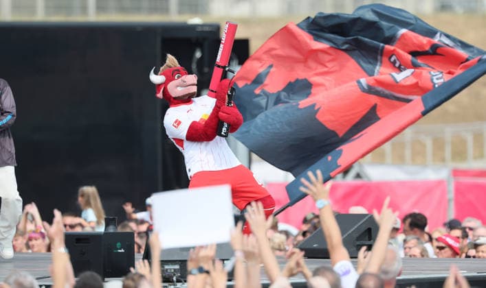 RB Leipzig – Bundesliga Season Opener, Leipzig, August 16, 2026, Festwiese in front of the Red Bull Arena, Soccer, Bundesliga 1, RB Leipzig, Season Opener, Pictured: Season Heat Up 2026 stage, mascot Bulli, For editorial use only, Picture Point