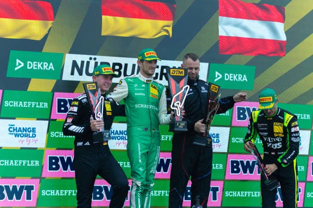 Nürburg, Germany, August 15–16, 2026, 2026 DTM Nürburgring Race. Pictured are the top three finishers, from left: Tom Kalender (GER 84), Marco Wittmann (GER 11), and Thomas Preining (AUT 91) Copyright: xFotostandx xManfredxStiebertx