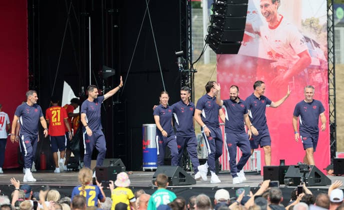 RB Leipzig – Bundesliga Season Opener, Leipzig, August 16, 2026, Festwiese in front of the Red Bull Arena, Soccer, Bundesliga 1, RB Leipzig, Season Opener, Pictured: Season Heat Up 2026 stage, team presentation, coaching staff, For editorial use only, Picture Point
