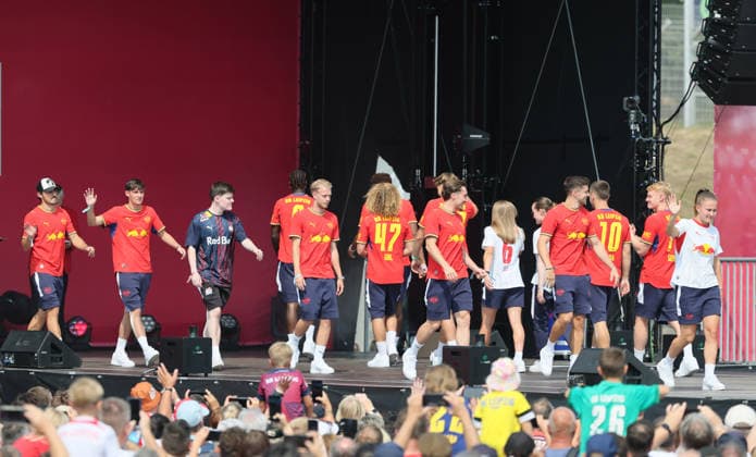 RB Leipzig – Bundesliga Season Opener, Leipzig, August 16, 2026, Festwiese in front of the Red Bull Arena, Soccer, Bundesliga 1, RB Leipzig, Season Opener, Pictured: Season Heat Up 2026 stage, team introductions, For editorial use only, Picture Point