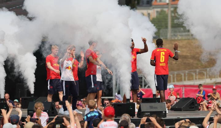 RB Leipzig – Bundesliga Season Opener, Leipzig, August 16, 2026, Festwiese in front of the Red Bull Arena, Soccer, Bundesliga 1, RB Leipzig, Season Opener, Pictured: Season Heat Up 2026 stage, team introductions, For editorial use only, Picture Point