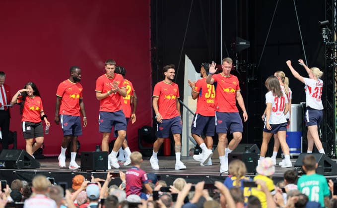 RB Leipzig – Bundesliga Season Opener, Leipzig, August 16, 2026, Festwiese in front of the Red Bull Arena, Soccer, Bundesliga 1, RB Leipzig, Season Opener, Pictured: Season Heat Up 2026 stage, team presentation, For editorial use only, Picture Point