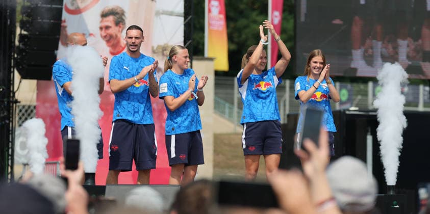 RB Leipzig – Bundesliga Season Opener, Leipzig, August 16, 2026, Festival grounds in front of the Red Bull Arena, soccer, Bundesliga 1, RB Leipzig, season opener, Pictured: Season Heat Up 2026 stage, team presentation, male and female goalkeepers, For editorial use only, Picture Point