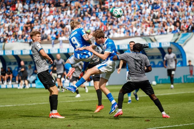 v l Moritz Polte (Waldhof), Andreas Voglsammer (Rostock), Bernie Lennemann (Rostock), Darnell Keumo (Waldhof) GER, FC Hansa Rostock vs. SV Waldhof Mannheim, Soccer, Men, 3rd Division, Matchday 2, 2026–2027 Season, August 16, 2026, Rostock Ostseestadion, Mecklenburg-Western Pomerania, Germany