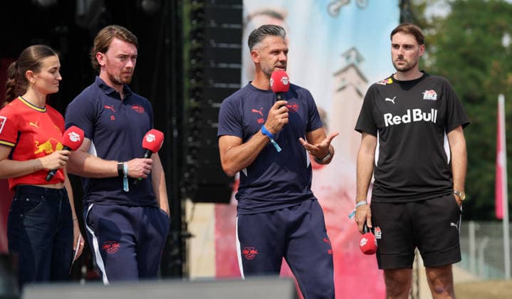 RB Leipzig – Bundesliga Season Opener, Leipzig, August 16, 2026, Festival grounds in front of the Red Bull Arena, soccer, Bundesliga 1, RB Leipzig, season opener, Pictured: Season Heat Up 2026 stage, team presentation, coach Martin Demichelis, RB Leipzig, For editorial use only, Picture Point