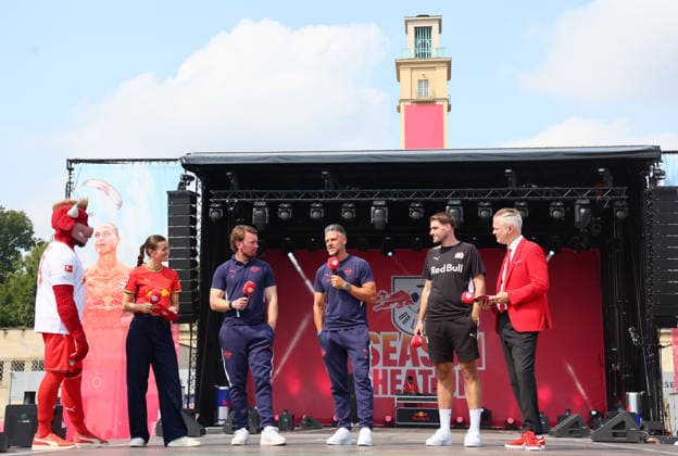RB Leipzig – Bundesliga Season Opener, Leipzig, August 16, 2026, Festival grounds in front of the Red Bull Arena, soccer, Bundesliga 1, RB Leipzig, season opener, Pictured: Season Heat Up 2026 stage, presentation of the teams and coaches, including coach Martin Demichelis, RB Leipzig, For editorial use only, Picture Point